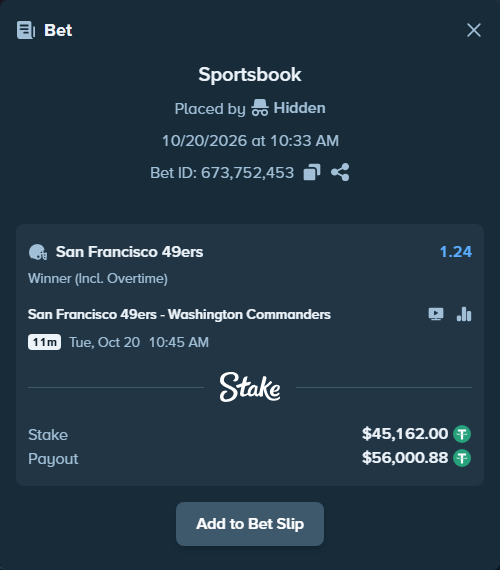 Bet slip: San Francisco 49ers - Washington Commanders, $45,207.16 stake at 1.24 odds, placed by Hidden