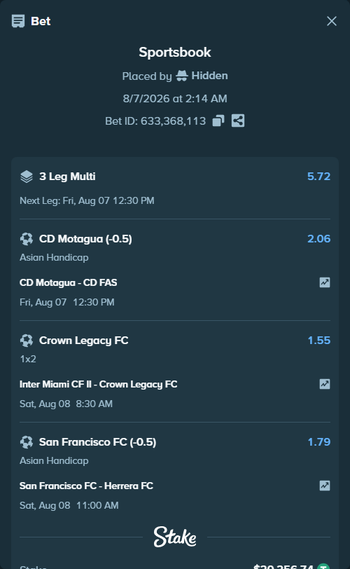 Bet slip: San Francisco FC - Herrera FC, $20,277.00 stake at 1.79 odds, placed by Hidden