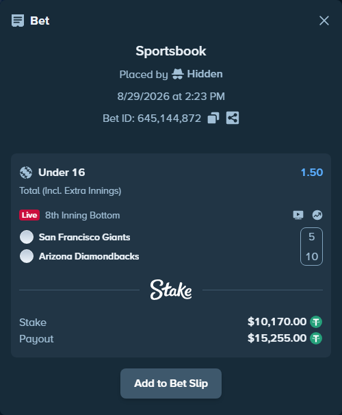 Bet slip: San Francisco Giants - Arizona Diamondbacks, $10,170.00 stake at 1.50 odds, placed by Hidden