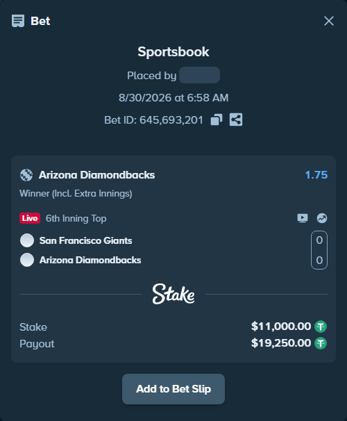 Bet slip: San Francisco Giants - Arizona Diamondbacks, $11,000.00 stake at 1.75 odds, placed by Kim1sung