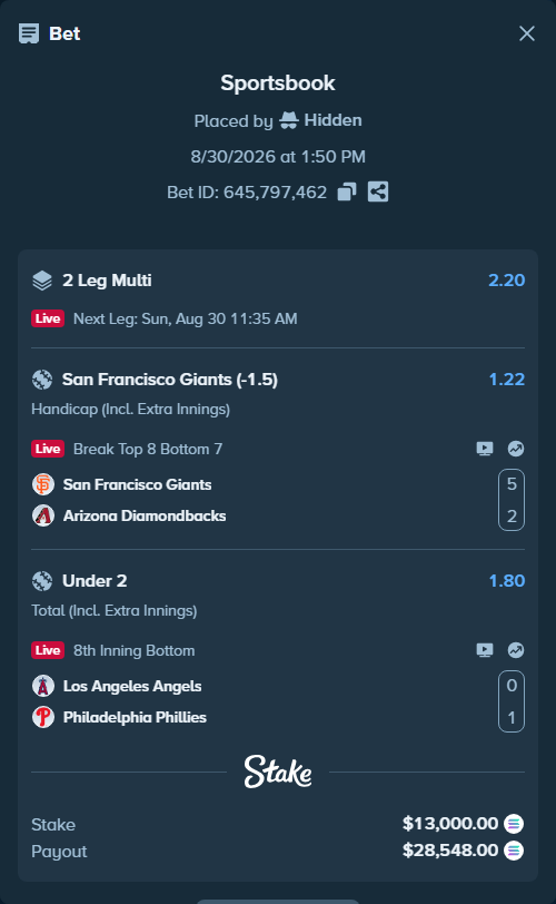 Bet slip: San Francisco Giants - Arizona Diamondbacks, $13,002.74 stake at 1.22 odds, placed by Hidden