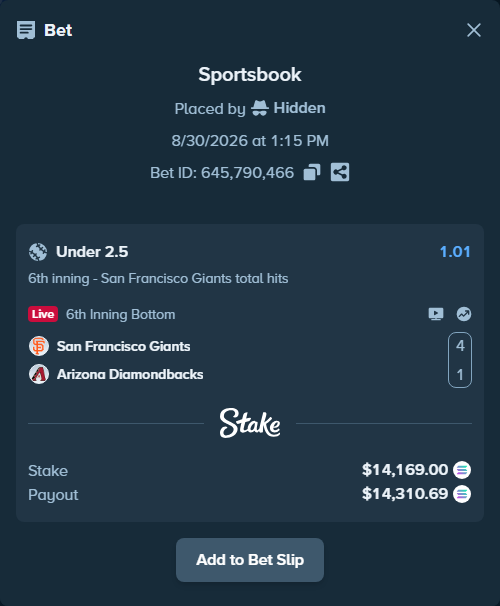 Bet slip: San Francisco Giants - Arizona Diamondbacks, $14,149.24 stake at 1.01 odds, placed by Hidden