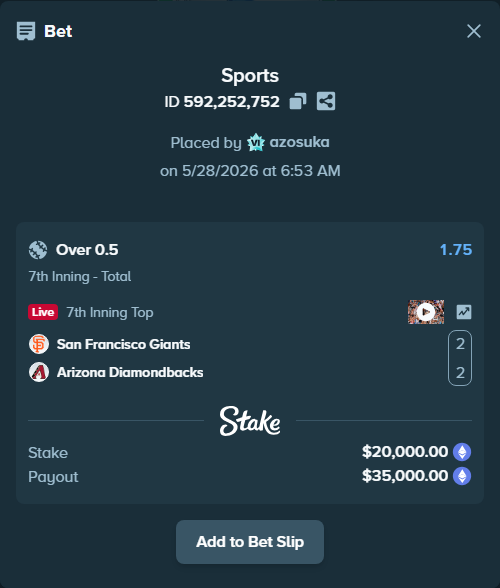 Bet slip: San Francisco Giants - Arizona Diamondbacks, $16,871.46 stake at 1.75 odds, placed by azosuka