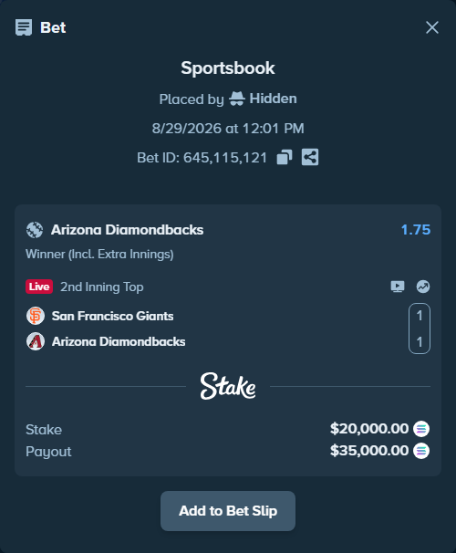 Bet slip: San Francisco Giants - Arizona Diamondbacks, $19,846.74 stake at 1.75 odds, placed by Hidden