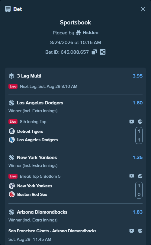 Bet slip: San Francisco Giants - Arizona Diamondbacks, $79,000.00 stake at 1.83 odds, placed by Hidden