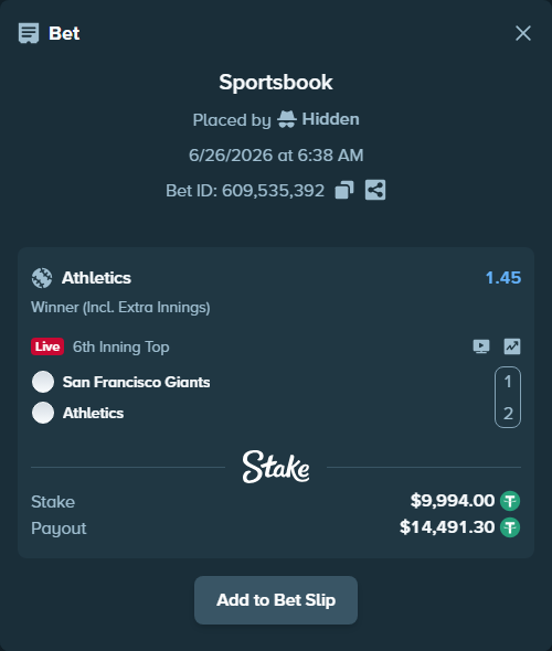 Bet slip: San Francisco Giants - Athletics, $10,003.99 stake at 1.45 odds, placed by Othmane2kiks