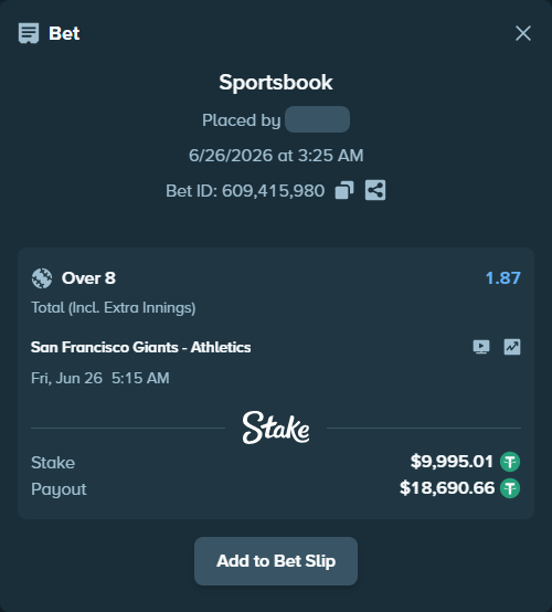 Bet slip: San Francisco Giants - Athletics, $10,005.00 stake at 1.87 odds, placed by zhanjinkun