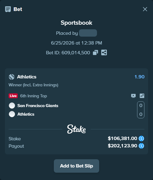 Bet slip: San Francisco Giants - Athletics, $106,381.00 stake at 1.90 odds, placed by piropiro12