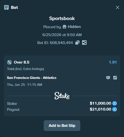 Bet slip: San Francisco Giants - Athletics, $11,000.00 stake at 1.91 odds, placed by Hidden
