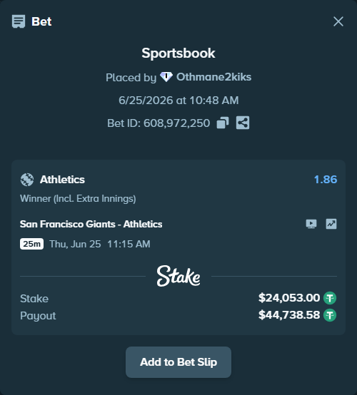Bet slip: San Francisco Giants - Athletics, $24,077.05 stake at 1.86 odds, placed by Othmane2kiks