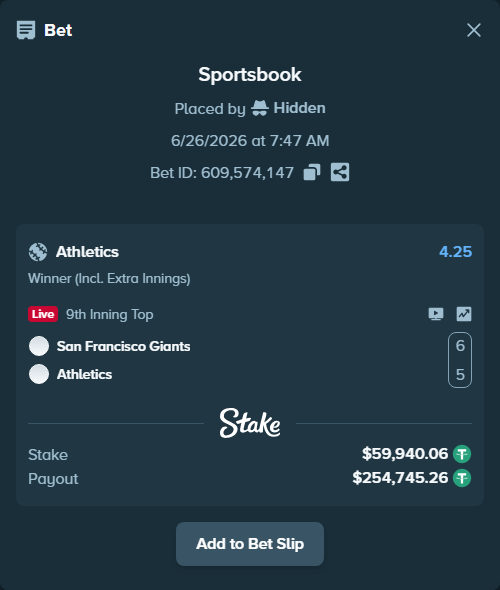 Bet slip: San Francisco Giants - Athletics, $60,000.00 stake at 4.25 odds, placed by Hidden