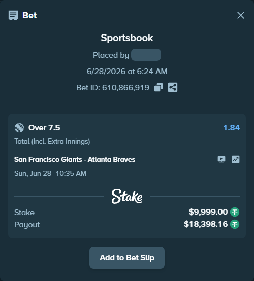 Bet slip: San Francisco Giants - Atlanta Braves, $10,009.00 stake at 1.84 odds, placed by zhanjinkun