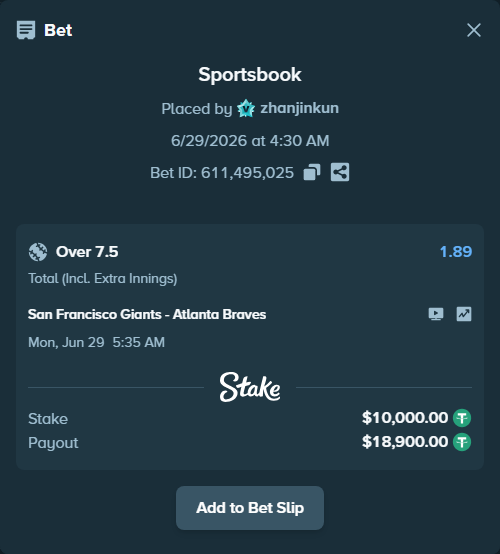 Bet slip: San Francisco Giants - Atlanta Braves, $10,010.00 stake at 1.89 odds, placed by zhanjinkun