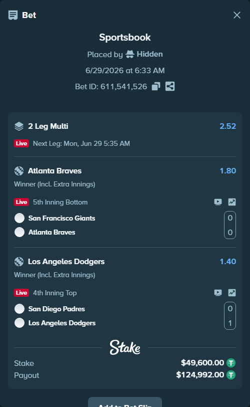 Bet slip: San Francisco Giants - Atlanta Braves, $49,649.60 stake at 1.80 odds, placed by Hidden