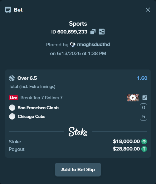 Bet slip: San Francisco Giants - Chicago Cubs, $18,000.00 stake at 1.60 odds, placed by rmaghsdudthd
