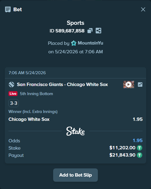 Bet slip: San Francisco Giants - Chicago White Sox, $11,202.00 stake at 1.95 odds, placed by MountainYu