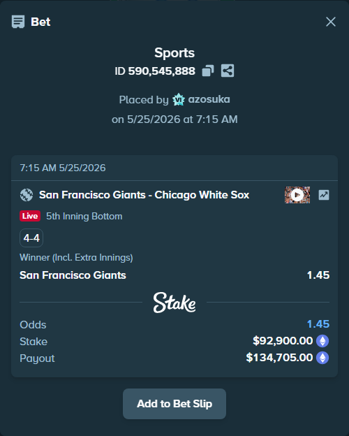 Bet slip: San Francisco Giants - Chicago White Sox, $77,288.46 stake at 1.45 odds, placed by azosuka