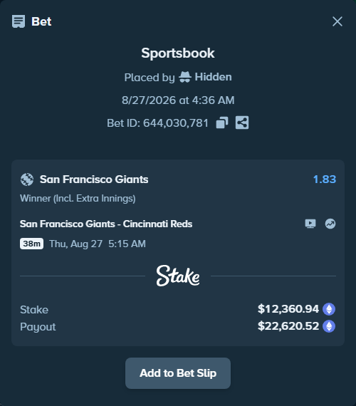 Bet slip: San Francisco Giants - Cincinnati Reds, $12,511.00 stake at 1.83 odds, placed by Hidden
