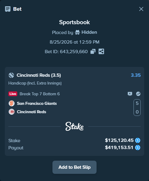 Bet slip: San Francisco Giants - Cincinnati Reds, $125,120.45 stake at 3.35 odds, placed by Hidden