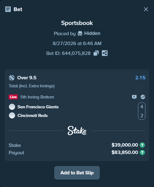 Bet slip: San Francisco Giants - Cincinnati Reds, $39,000.00 stake at 2.15 odds, placed by Hidden
