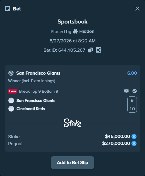 Bet slip: San Francisco Giants - Cincinnati Reds, $45,000.00 stake at 6.00 odds, placed by Hidden