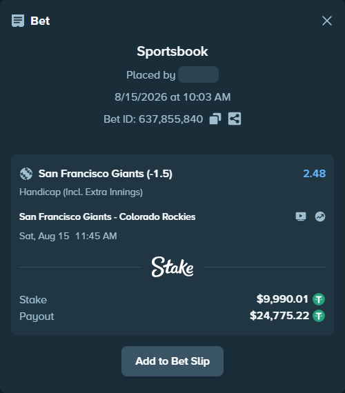 Bet slip: San Francisco Giants - Colorado Rockies, $10,000.00 stake at 2.48 odds, placed by Grupotheking