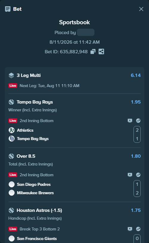 Bet slip: San Francisco Giants - Houston Astros, $10,010.00 stake at 1.75 odds, placed by djawoals