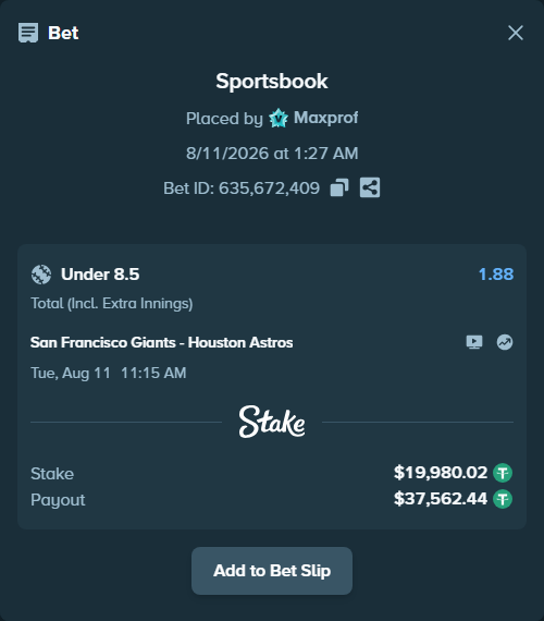 Bet slip: San Francisco Giants - Houston Astros, $20,000.00 stake at 1.88 odds, placed by Maxprof