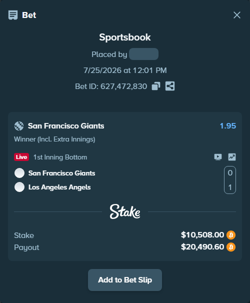Bet slip: San Francisco Giants - Los Angeles Angels, $10,564.58 stake at 1.95 odds, placed by Combos39