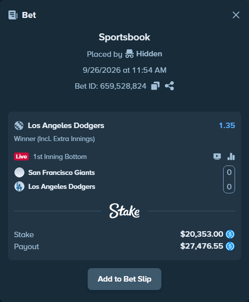 Bet slip: San Francisco Giants - Los Angeles Dodgers, $20,353.00 stake at 1.35 odds, placed by Hidden