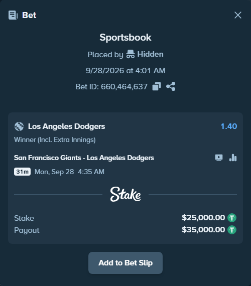 Bet slip: San Francisco Giants - Los Angeles Dodgers, $25,000.00 stake at 1.40 odds, placed by nandonzr