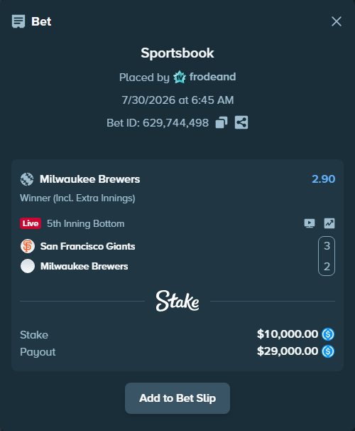 Bet slip: San Francisco Giants - Milwaukee Brewers, $10,000.00 stake at 2.90 odds, placed by frodeand