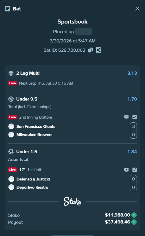 Bet slip: San Francisco Giants - Milwaukee Brewers, $11,999.99 stake at 1.70 odds, placed by AsTraL11