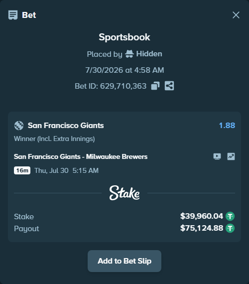 Bet slip: San Francisco Giants - Milwaukee Brewers, $40,000.00 stake at 1.88 odds, placed by Hidden