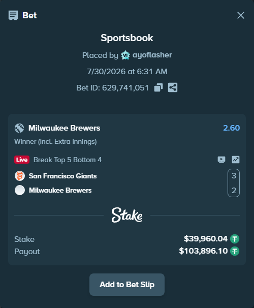 Bet slip: San Francisco Giants - Milwaukee Brewers, $40,000.00 stake at 2.60 odds, placed by ayoflasher