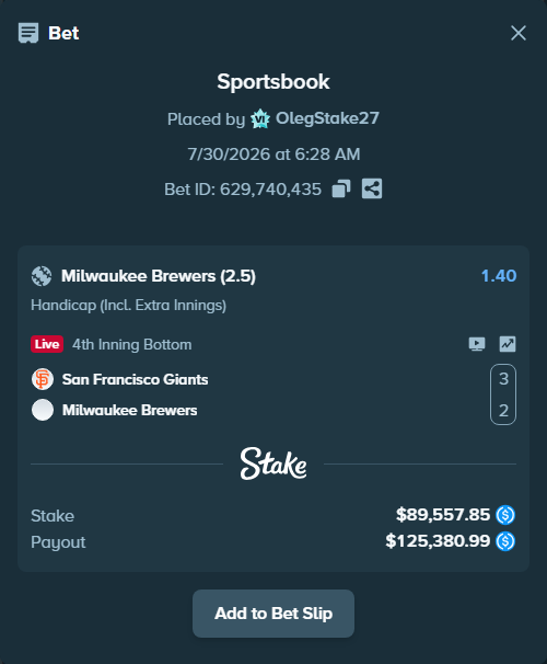 Bet slip: San Francisco Giants - Milwaukee Brewers, $89,557.85 stake at 1.40 odds, placed by OlegStake27