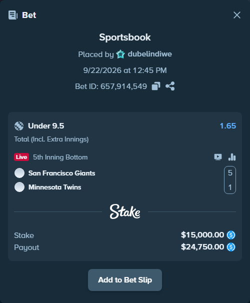 Bet slip: San Francisco Giants - Minnesota Twins, $15,000.00 stake at 1.65 odds, placed by dubelindiwe