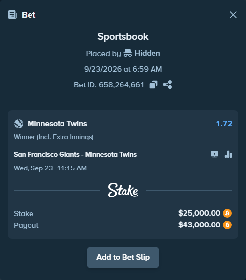 Bet slip: San Francisco Giants - Minnesota Twins, $25,287.13 stake at 1.72 odds, placed by Hidden