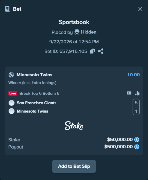 Bet slip: San Francisco Giants - Minnesota Twins, $50,000.00 stake at 10.00 odds, placed by Hidden