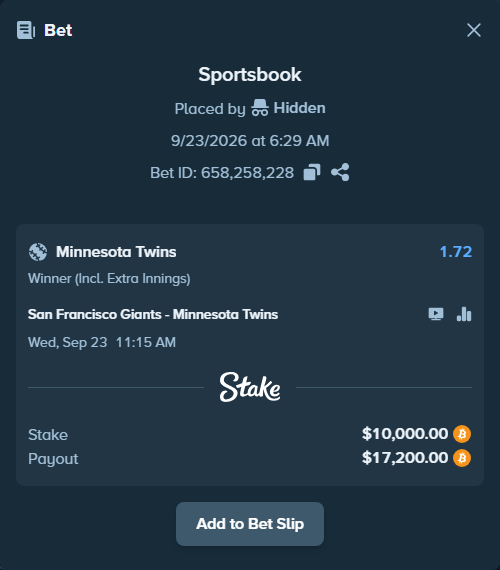 Bet slip: San Francisco Giants - Minnesota Twins, $9,989.42 stake at 1.72 odds, placed by Hidden