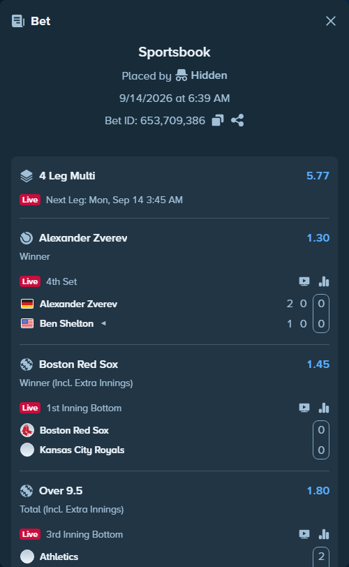 Bet slip: San Francisco Giants - San Diego Padres, $10,097.34 stake at 1.70 odds, placed by Hidden