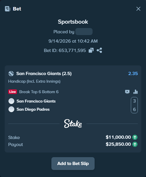 Bet slip: San Francisco Giants - San Diego Padres, $11,000.00 stake at 2.35 odds, placed by Pepi1968