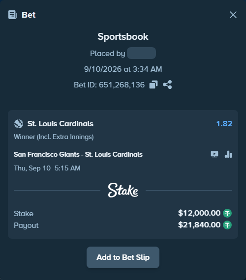 Bet slip: San Francisco Giants - St. Louis Cardinals, $12,000.00 stake at 1.82 odds, placed by buscaut