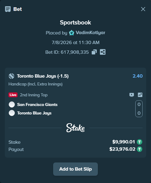 Bet slip: San Francisco Giants - Toronto Blue Jays, $10,000.00 stake at 2.40 odds, placed by VadimKotlyar