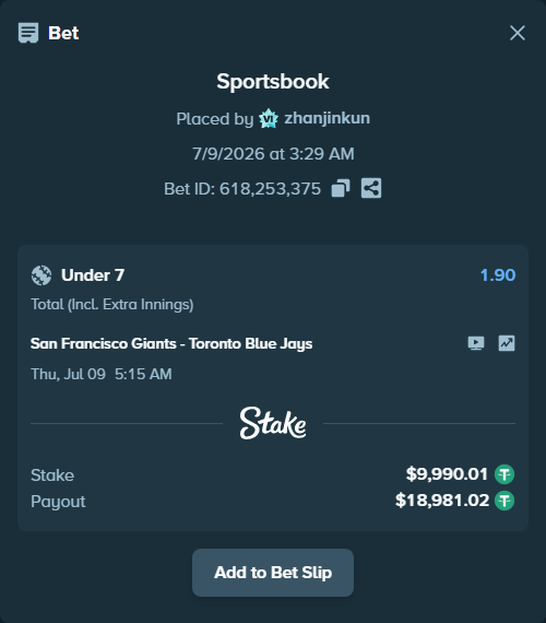 Bet slip: San Francisco Giants - Toronto Blue Jays, $10,000.00 stake at 1.90 odds, placed by zhanjinkun