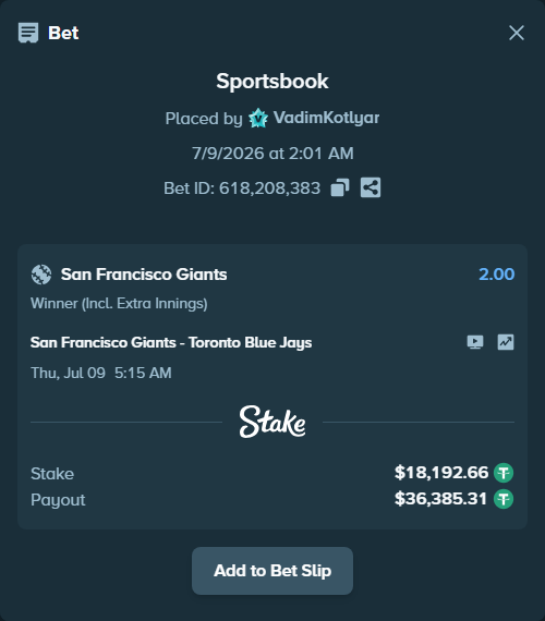 Bet slip: San Francisco Giants - Toronto Blue Jays, $18,210.85 stake at 2.00 odds, placed by VadimKotlyar
