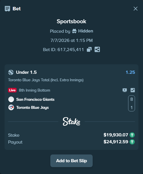 Bet slip: San Francisco Giants - Toronto Blue Jays, $19,950.00 stake at 1.25 odds, placed by Hidden