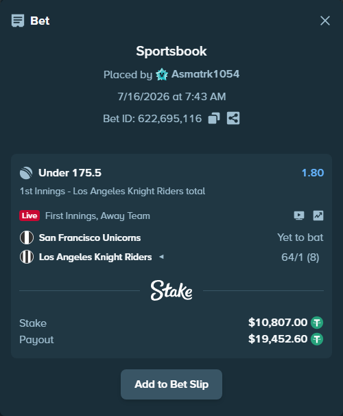 Bet slip: San Francisco Unicorns - Los Angeles Knight Riders, $10,807.00 stake at 1.80 odds, placed by Asmatrk1054
