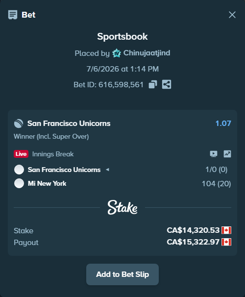 Bet slip: San Francisco Unicorns - Mi New York, $10,597.19 stake at 1.07 odds, placed by Chinujaatjind