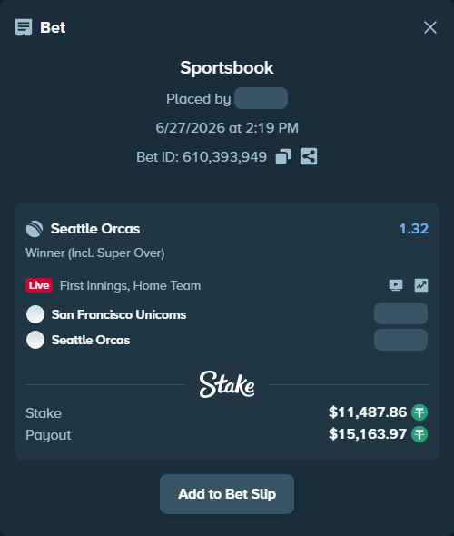 Bet slip: San Francisco Unicorns - Seattle Orcas, $11,499.35 stake at 1.32 odds, placed by devendra8758